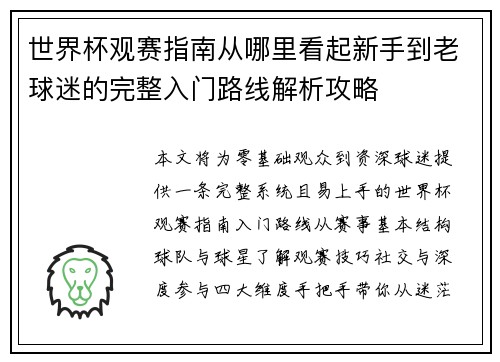 世界杯观赛指南从哪里看起新手到老球迷的完整入门路线解析攻略 世界杯观赛指南从哪里看起新手到老球迷的完整入门路线解析攻略