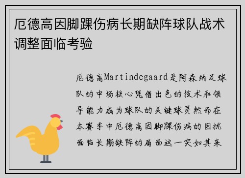 厄德高因脚踝伤病长期缺阵球队战术调整面临考验 厄德高因脚踝伤病长期缺阵球队战术调整面临考验