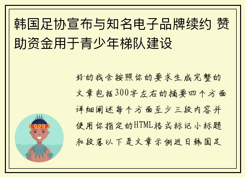 韩国足协宣布与知名电子品牌续约 赞助资金用于青少年梯队建设